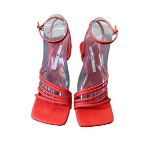 ZARA Red Orange Strappy Heels Womens Sz 39 US 8.5 Square Toe Ankle Strap Sandals